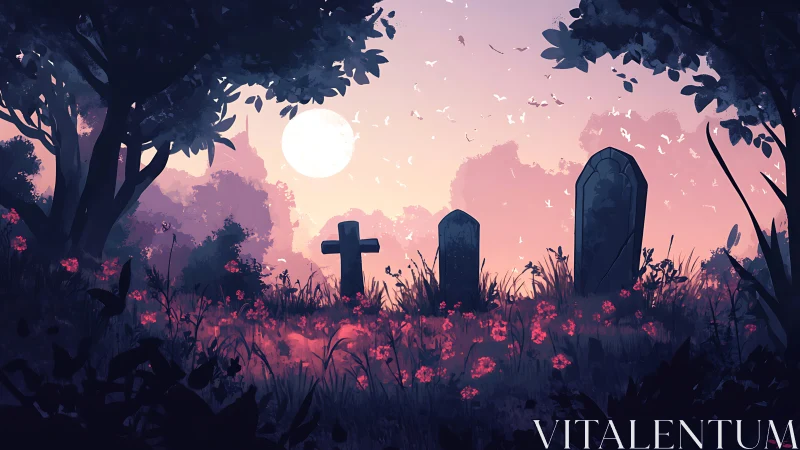 Digital painting of twilight graveyard with floral foreground.
