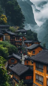 Terraced wooden village under misty forested mountain cliffs