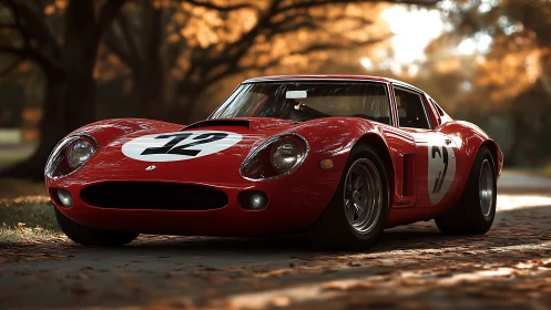 Scarlet racing legend idles beneath autumn’s golden canopy.