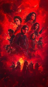 Cinematic ensemble poster in red monochrome explosive nebula