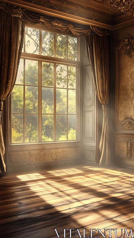 Photorealistic gilded salon with sunlit window grid projection.