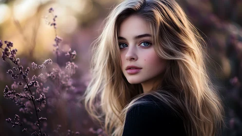 Golden hour portrait among soft violet wildflowers.