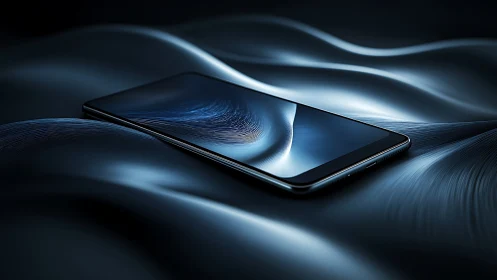 Sleek smartphone resting on dreamy metallic wavescape.