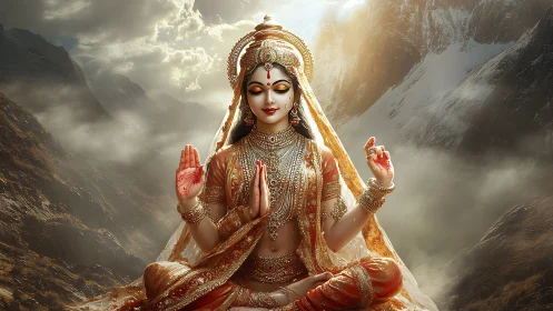 Goddess figure in golden attire meditating in mountains.