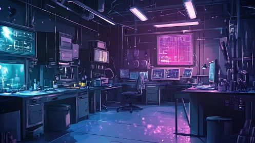 Midnight cyber lab glows with neon screens and quiet focus