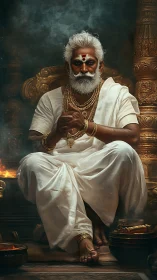 Elderly man sits on ornate throne wearing white draped garment