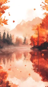 Autumn lake reflects blazing orange forest and distant peaks