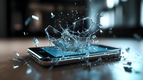 Shattered smartphone screen with flying glass in dramatic close-up.