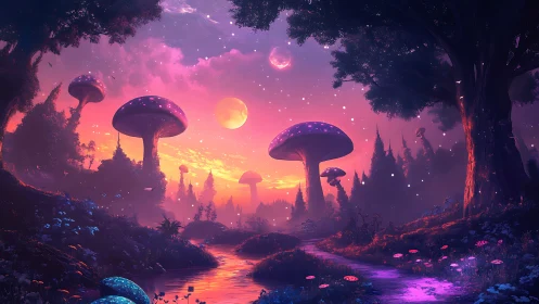 Digital landscape depicts oversized fungi under multicolored sky