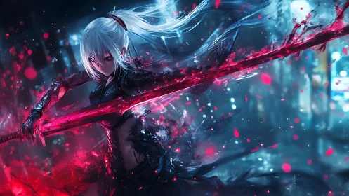 Cybernetic swordswoman with crimson energy blade in motion.