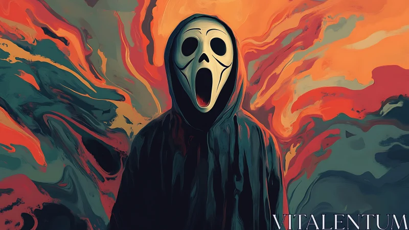 Hooded spectral figure with stylized mask amid swirling chromatic turbulence