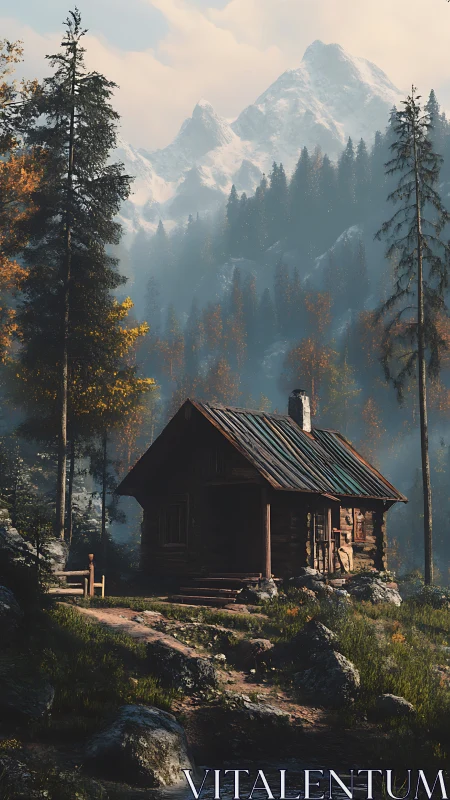 Timber cabin under misted alpine ridgeline, volumetric daylight.
