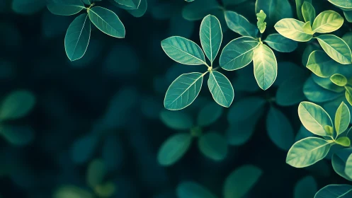 Sunlit green leaves form minimal pattern over dark background