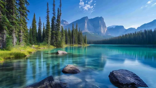 Glacial lake with conifer forest and alpine massif reflections