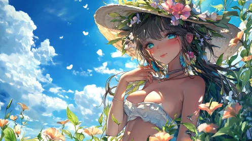 Summer anime portrait unites floral headpiece and vivid sky