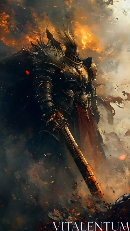 Ember crowned warlord strides through a storm of burning ash