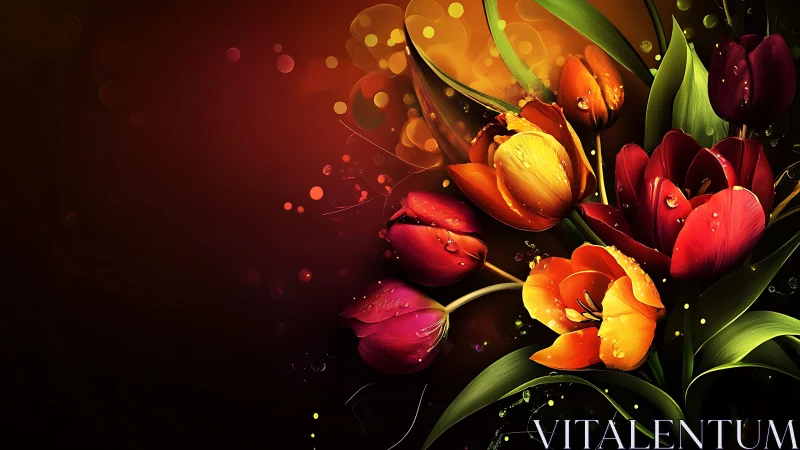 Luminescent Tulips Against Darkness with Bokeh Light Effects.