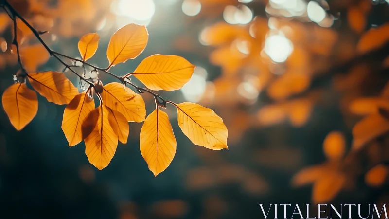 Autumn leaves hang from branch against blurred bright bokeh