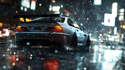 Modified BMW M3 on wet city street at night in rainfall.