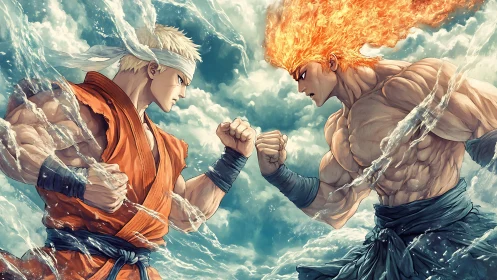 Elemental rivals freeze the sky in a storm-charged stare down