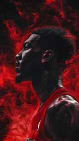 Intense basketball portrait emerges through blazing red smoke.