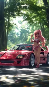 Pink-haired driver poses beside red supercar in forest light.
