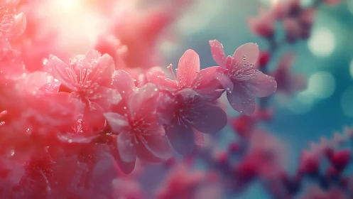 Pink blossoms with water droplets in soft focus.