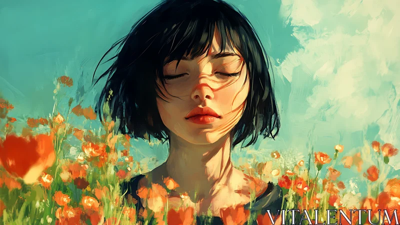 Wind-sculpted portrait of meditative girl in poppy field.