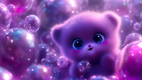 Purple fluffy toy creature sits among glowing bubbles