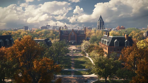 Welcoming autumn campus framed by warm historic brick halls.