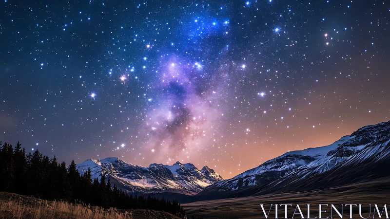 Photorealistic alpine nightscape with dense stellar canopy.