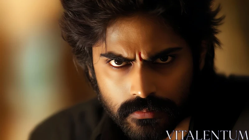 Intense close-up portrait of bearded man with fierce gaze.