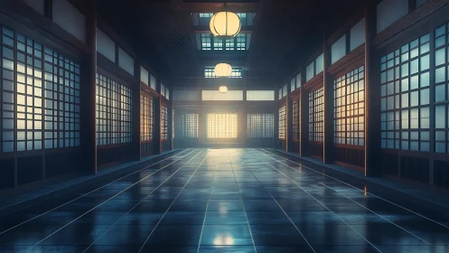 Sunlit digital dojo corridor with reflective tiled floor.