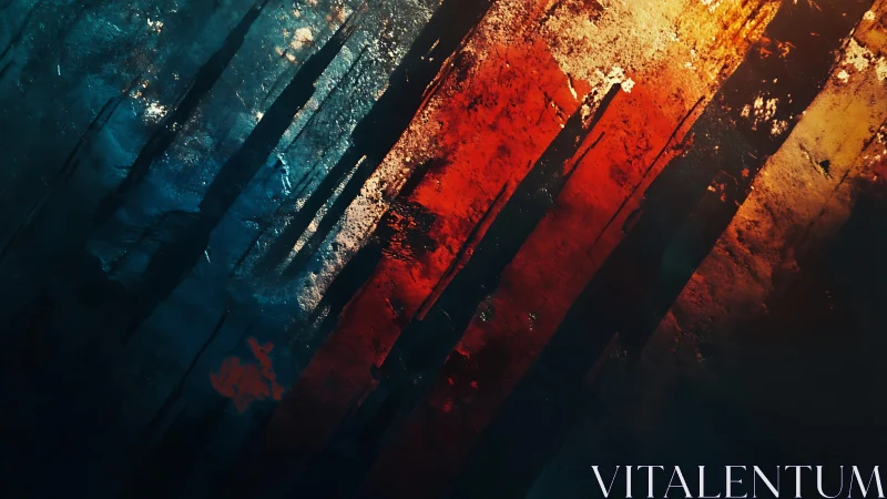 Abstract textured painting with bold red and blue vertical streaks.