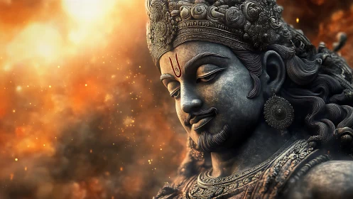 Divine stone deity portrait glows against fiery cosmic haze