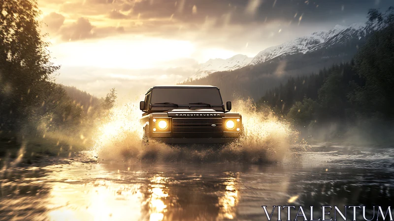 All-terrain utility vehicle traversing reflective alpine ford.