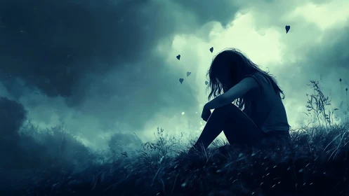 Softly lit hillside girl quietly resting beneath stormy skies