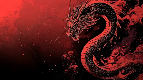 Coiled red dragon arcs through high-contrast splatter field
