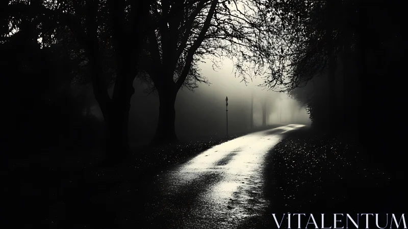 Foggy tree-lined road with wet reflective surface at dawn.