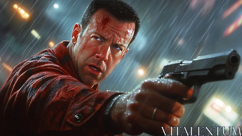 Rain‑soaked action hero holds steady aim in tense standoff