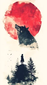 Moonlit wolf and lone wanderer in watercolor silence.