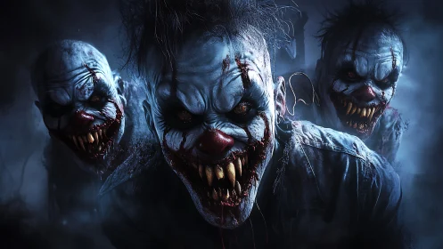 Razor grin carnival fiends stalking through midnight fog.