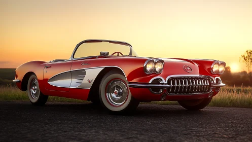 Sunset drive with a classic red convertible beauty.