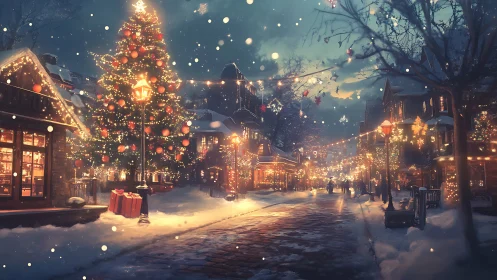 Snowy Christmas street glows with festive village lights.