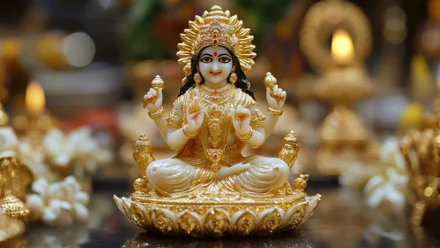 Gilded Hindu deity figurine with intricate ornamental detailing.
