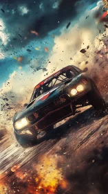 Rally car drifts through debris field with dynamic motion blur and sparks