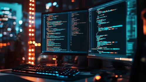 Neon code duel across twin monitors in a midnight dev bunker.