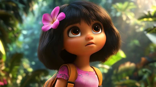 Wide-eyed jungle explorer girl with flower and backpack render