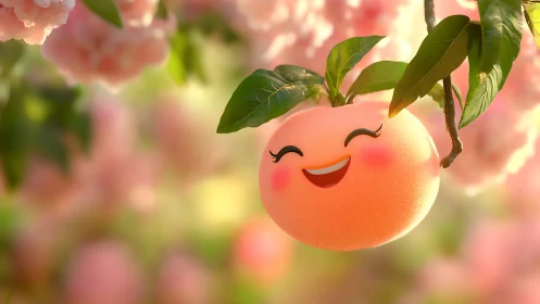 Smiling peach character glows with joy in a dreamy orchard