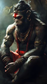 Divine simian warrior rests in sacred cavern light.